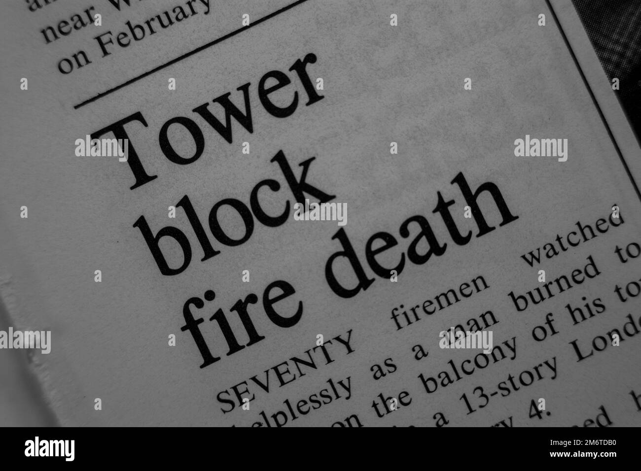 Tower block fire death - news story from 1975 newspaper headline article title in black and white Stock Photo