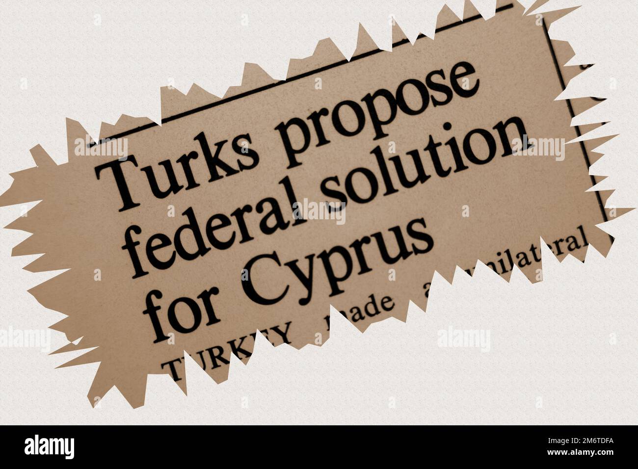 Turks propose federal solution for Cyprus - news story from 1975 newspaper headline article title with overlay in sepia Stock Photo