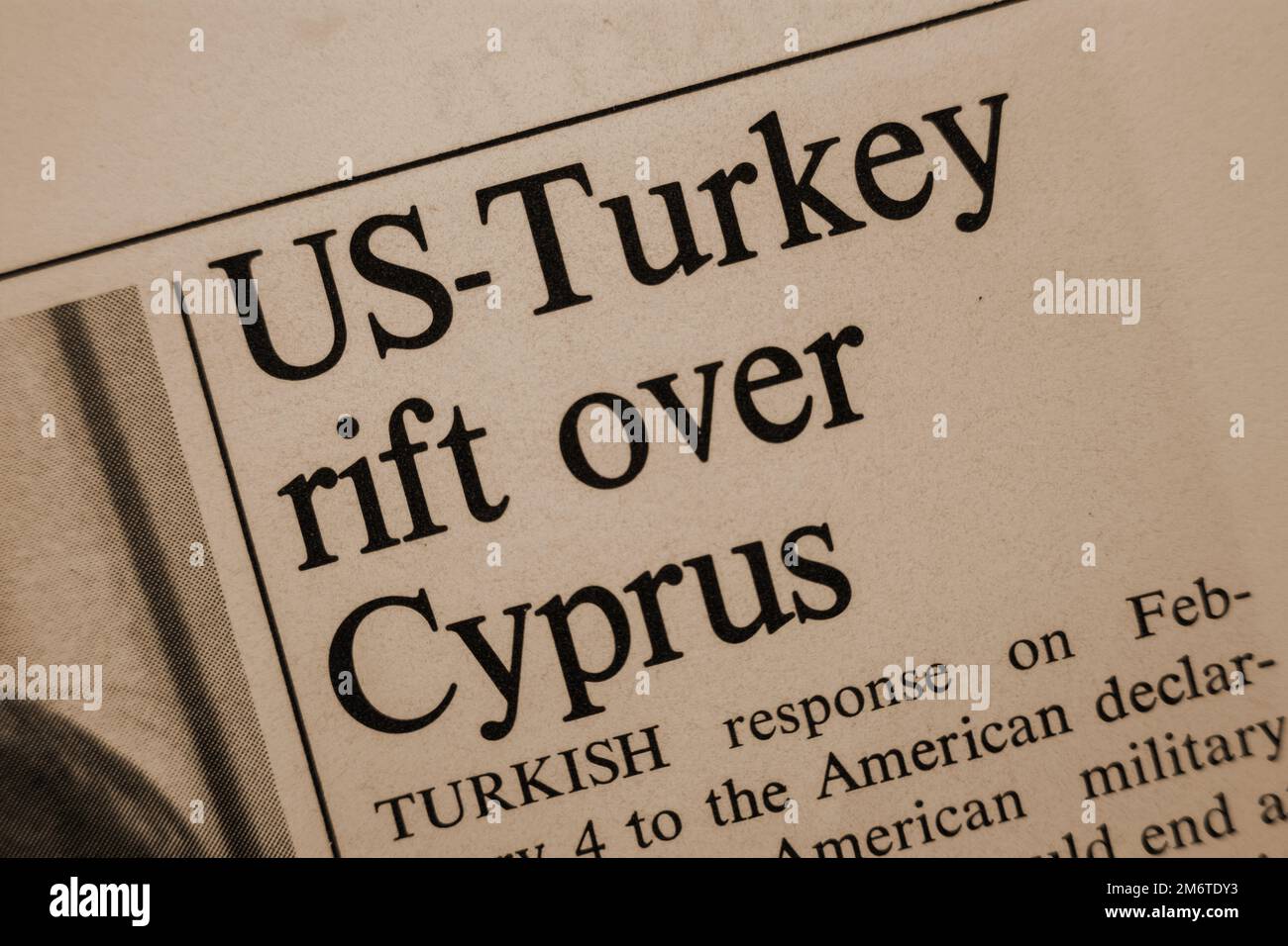 US - Turkey rift over Cyprus - news story from 1975 newspaper headline article title in - sepia Stock Photo