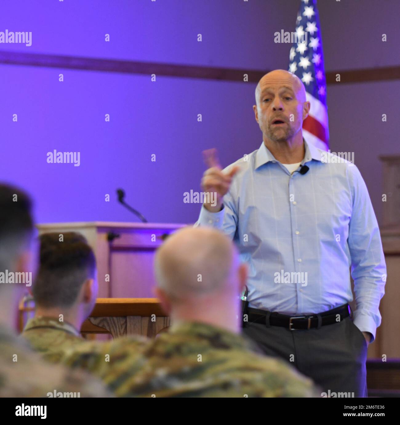 David Woods Bartley, a mental health advocate and suicide prevention educator, spoke with hundreds of Fort Drum Soldiers, family members and civilian employees during a weeklong series of presentation on suicide and mental illness at the Main Post Chapel. (Photo by Mike Strasser, Fort Drum Garrison Public Affairs) Stock Photo