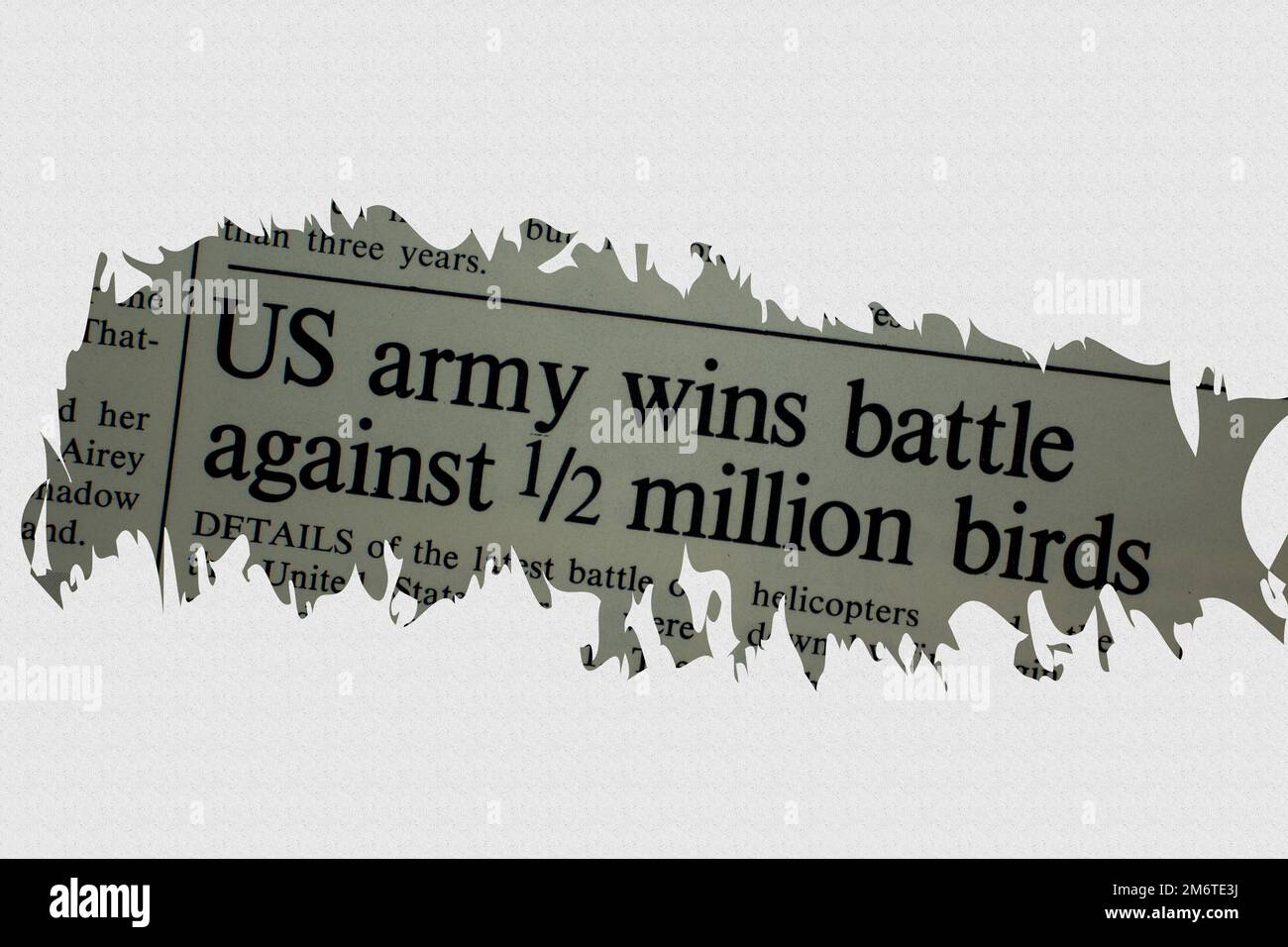 US army wins battle against half million birds - news story from 1975 newspaper headline article title with overlay Stock Photo