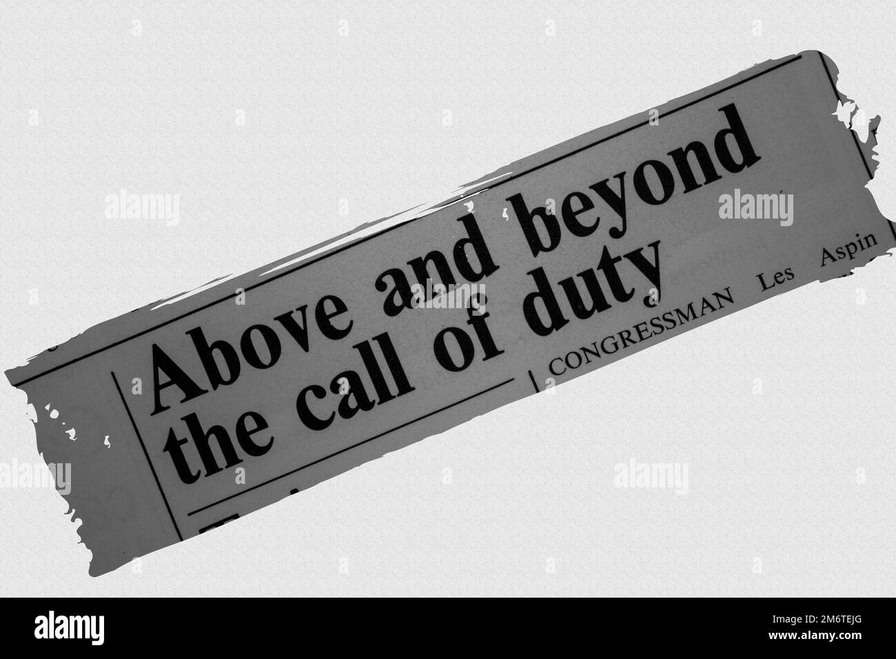 Above and beyond the call of duty - news story from 1975 newspaper headline article title - overlay Stock Photo