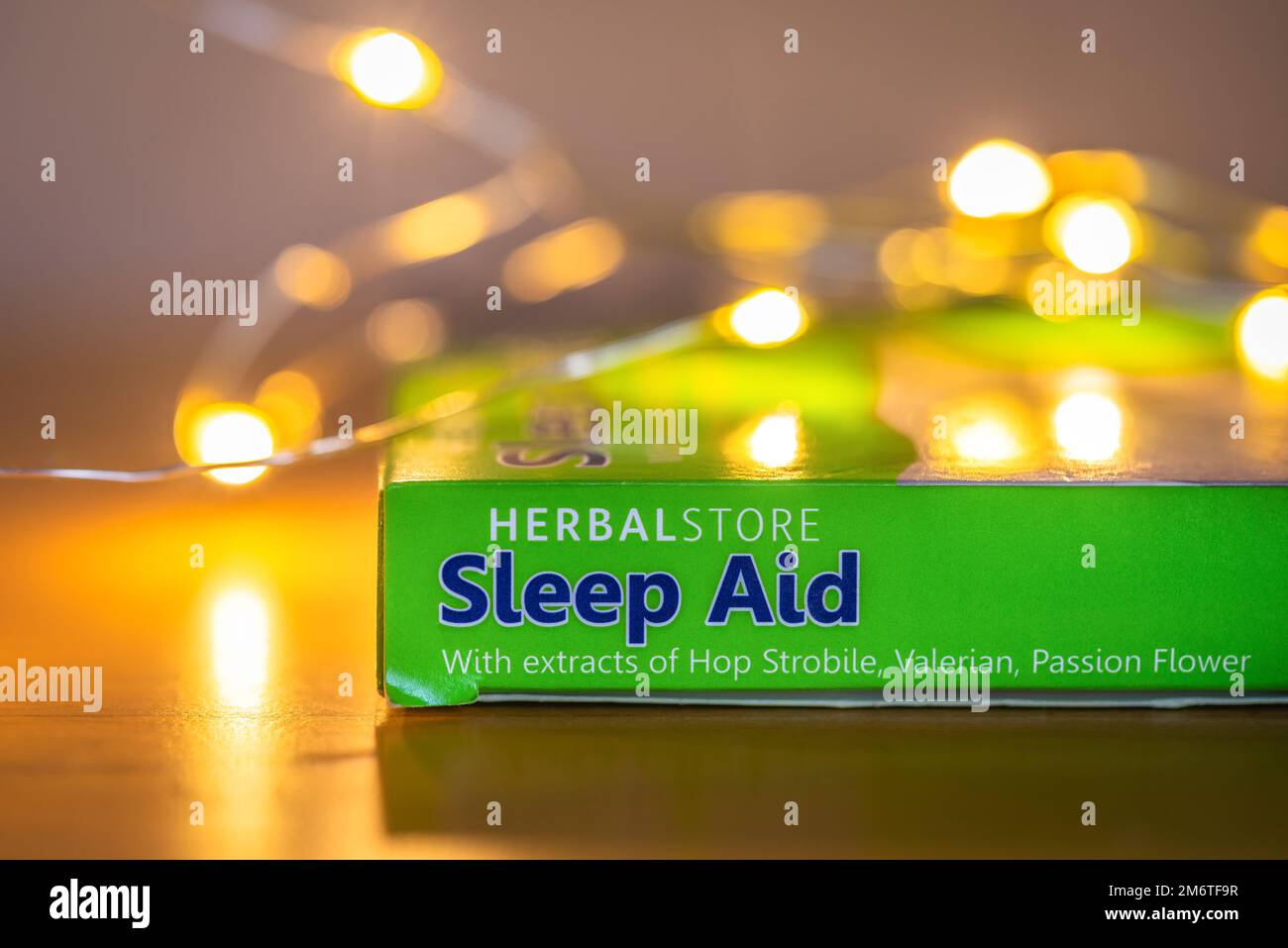 Close-up of a green packet of herbal sleep aid tablets Stock Photo
