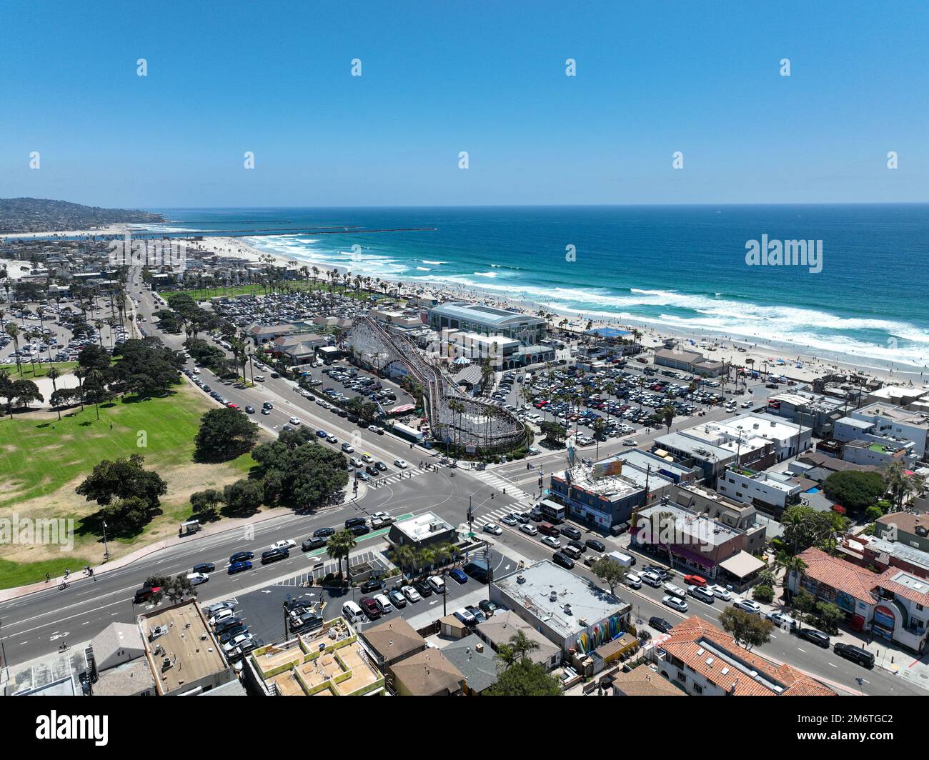 Aerial view of Mission beach in San Diego during summer, California