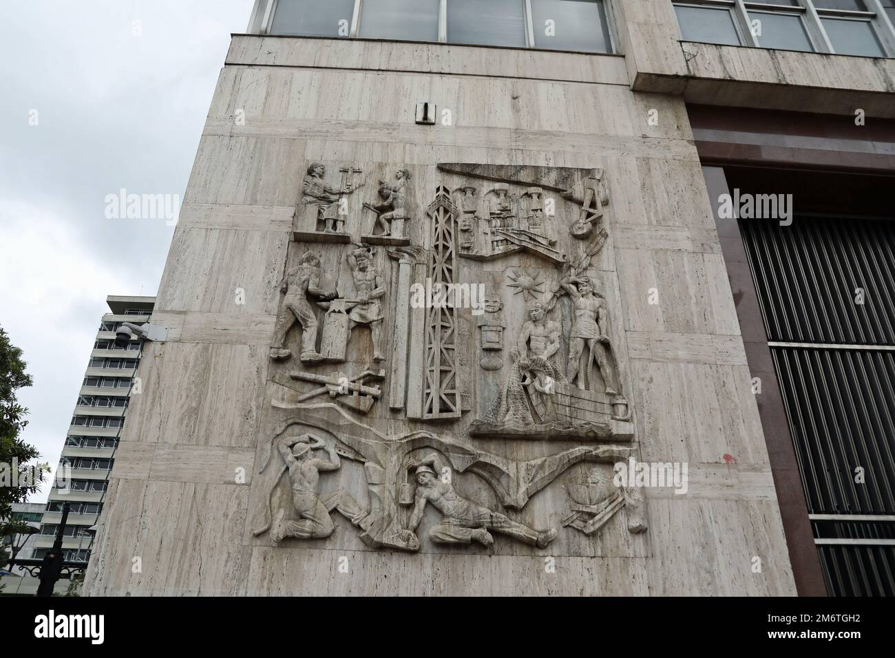 High relief in marble by Italian sculptor Vico Consorti at the entrance to Banco de la Republica in Bogota Stock Photo