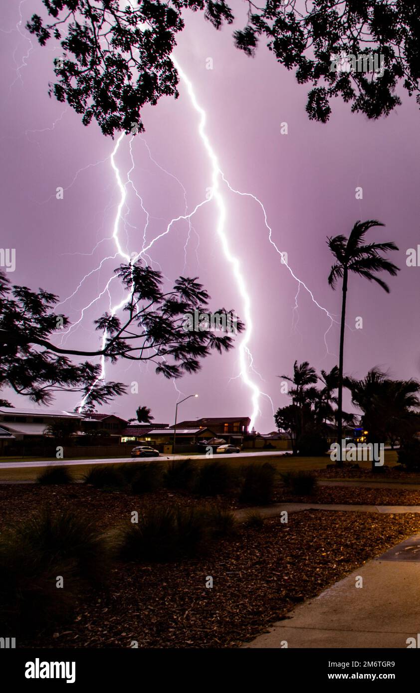 Double common cloud to ground lightning strike during a severe thunderstorm Stock Photo