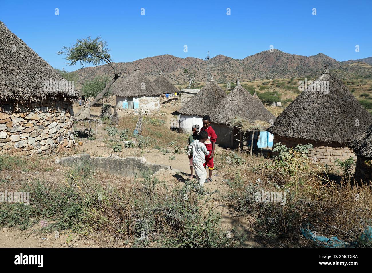 Boys playing in a traditional village in the Eritrean Highlands Stock Photo