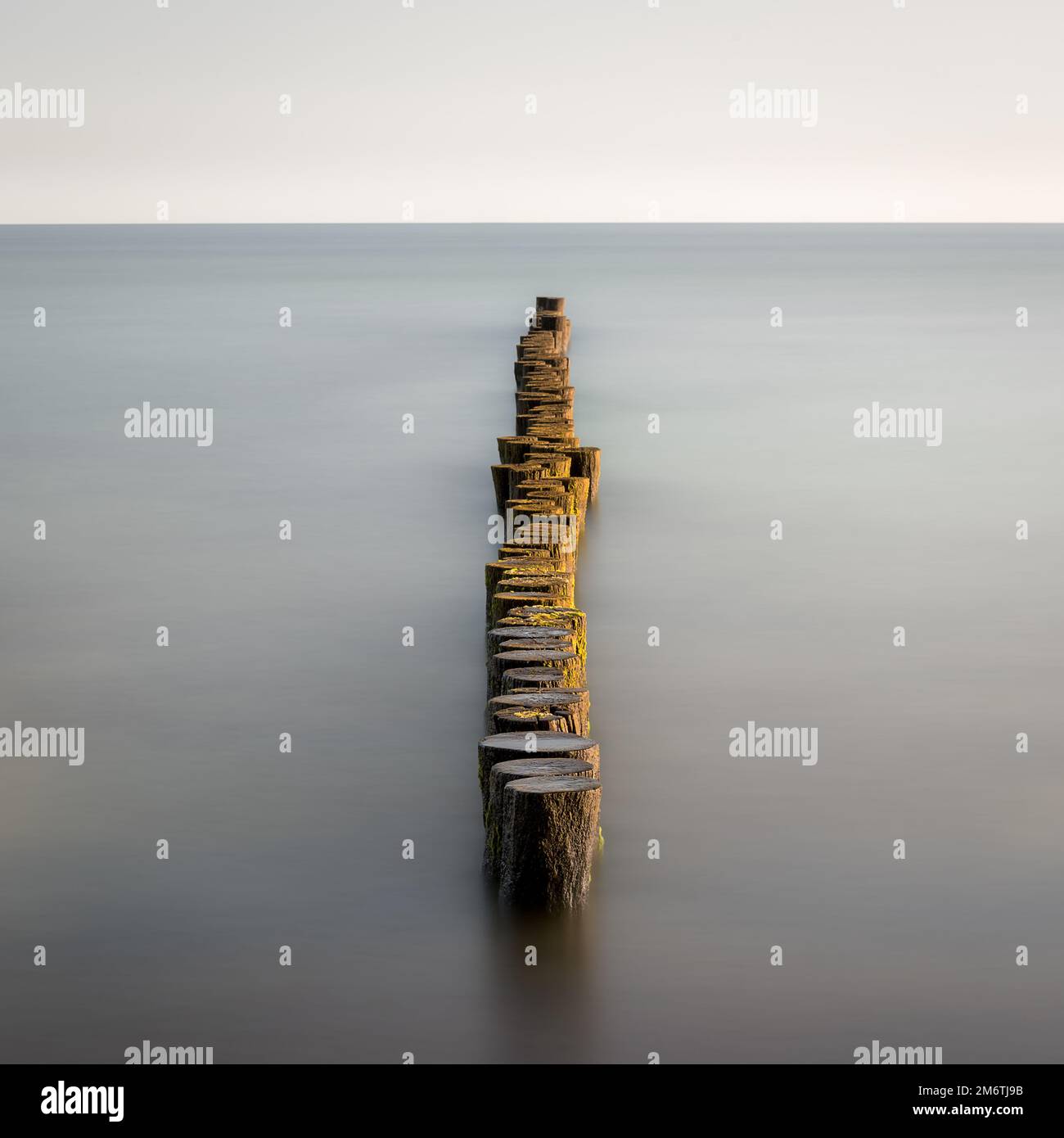 Groynes protruding into the horizon in the Baltic Sea. Long exposure with muted colors. Landscape shot by the sea Stock Photo