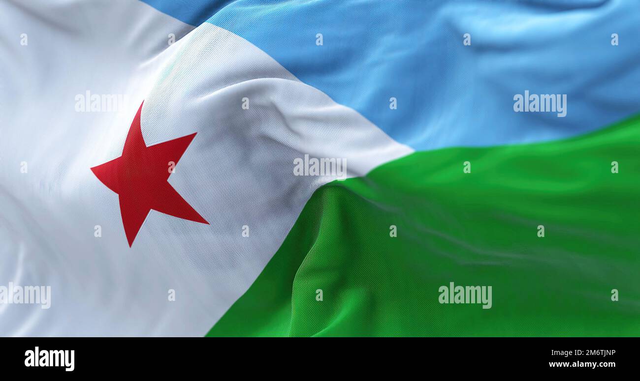 Close-up view of the Djibouti national flag waving in the wind Stock Photo