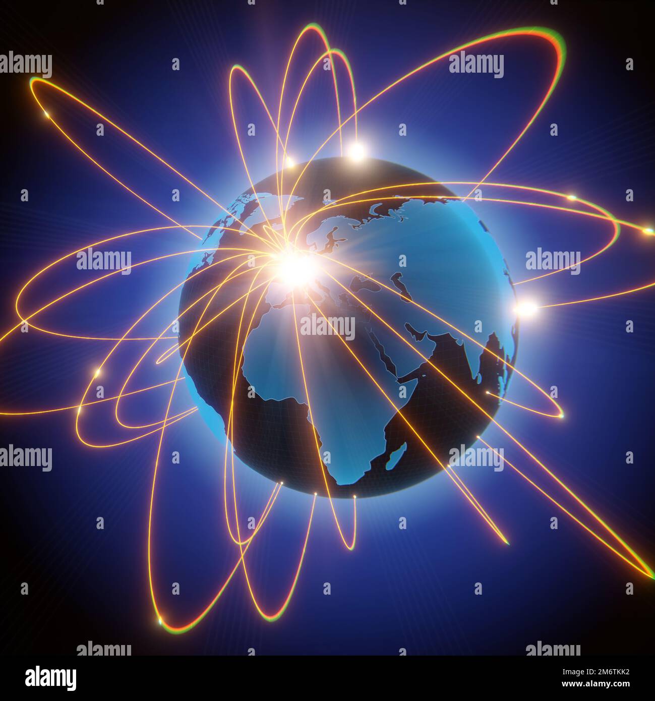 Globalization and communication concept. Earth and luminous rays. 3d rendering Stock Photo