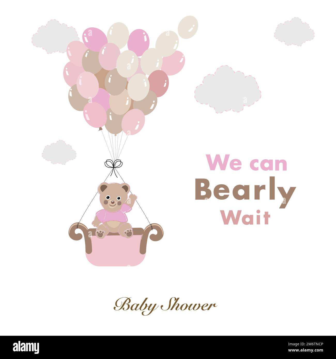 We can bearly wait text with teddy bear and a lot of balloons Stock Vector