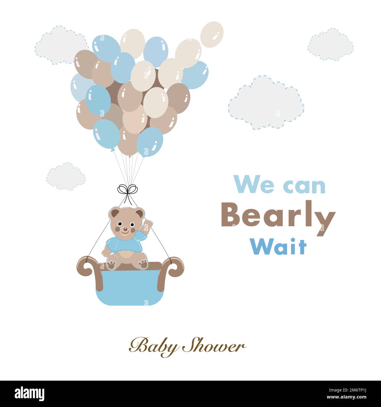 We can bearly wait text with teddy bear and a lot of balloons Stock Vector