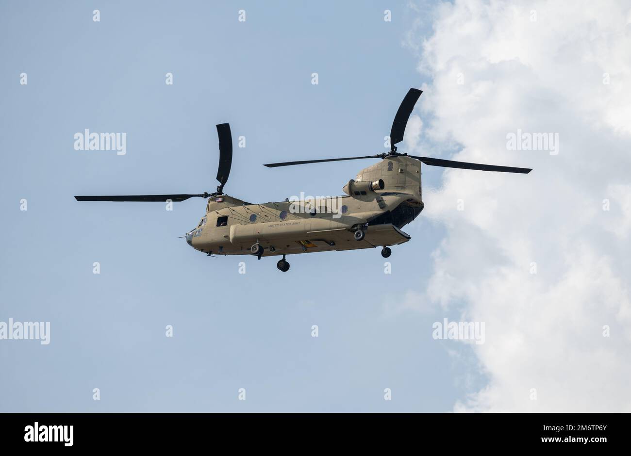 A CH-47 Chinook hoovers above the flight line at Savannah Hilton Head International Airport, May 5, 2022. Sentry Savannah is the largest air-to-air combat exercise hosted by the Air National Guard’s Air Dominance Center. Stock Photo