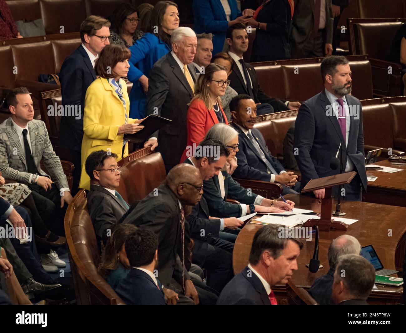 January 5, 2023, Washington, District of Columbia, USA: Democratic members of Congress wait for the official results for the vote from the eight round of voting for Speaker of the House. The vote continued into a third day, with Kevin McCathy yet again failing to reach 218 votes from his Congressional colleagues. (Credit Image: © Sue Dorfman/ZUMA Press Wire) Stock Photo