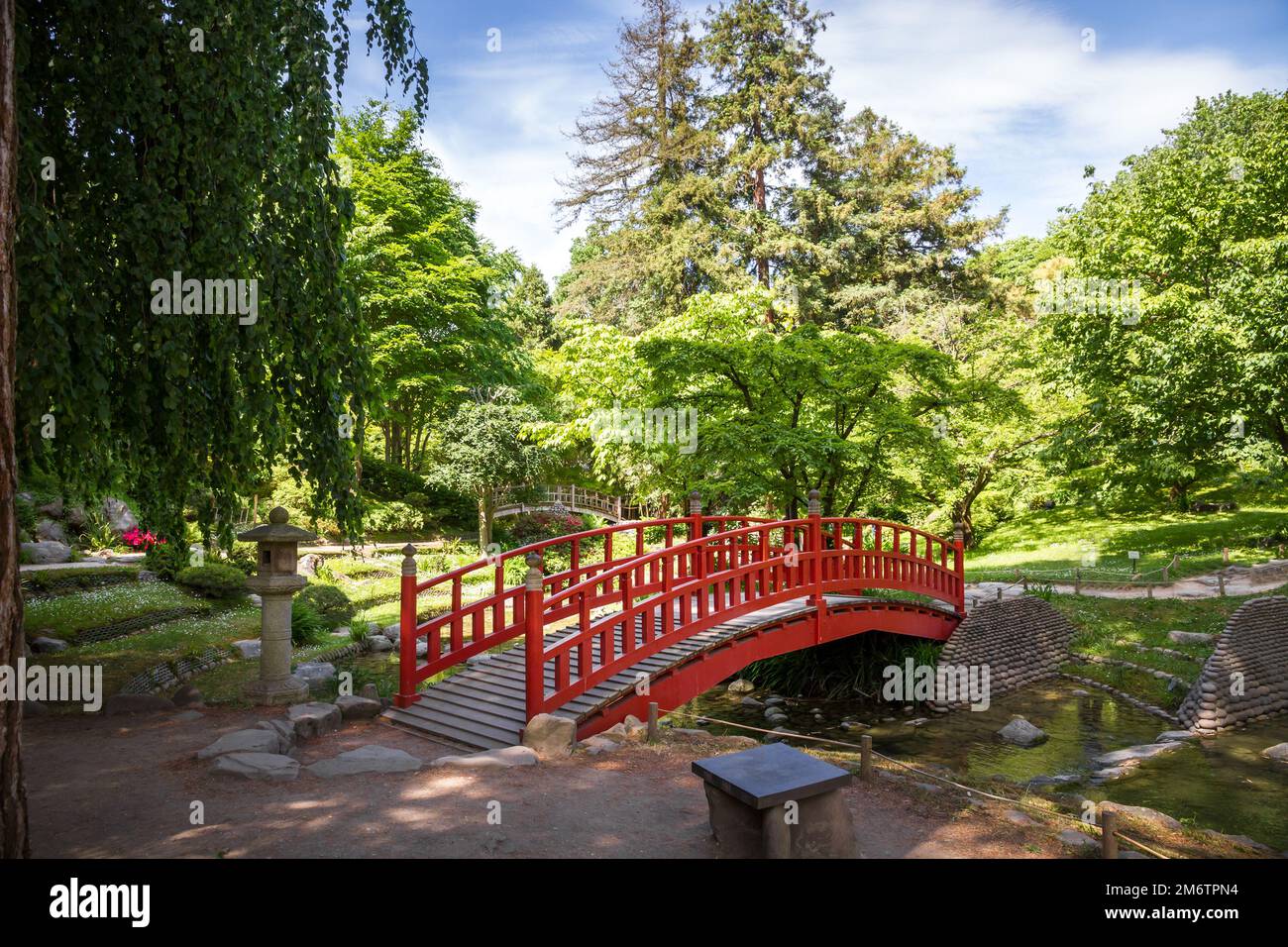 Traditional red wooden bridge on a japanese garden pond Stock Photo - Alamy