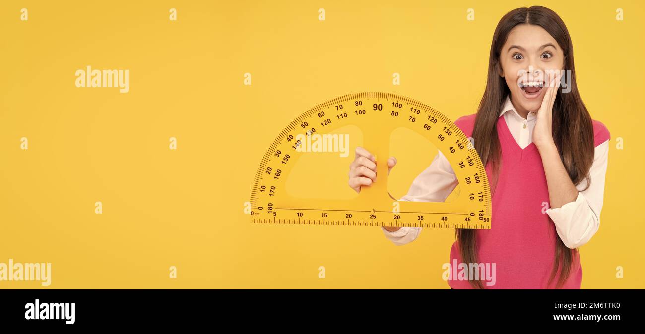 amazed child girl study geometry at school lesson with ruler, stem ...