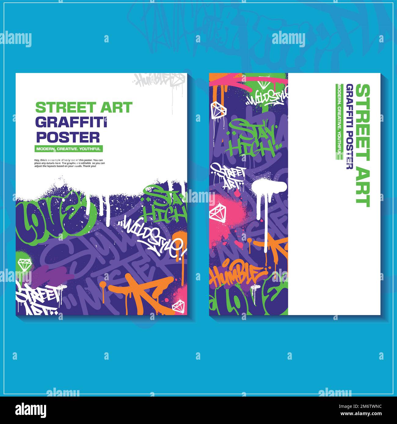Modern graffiti art poster or flyer design with colorful tags, throw up. Handdrawn abstract