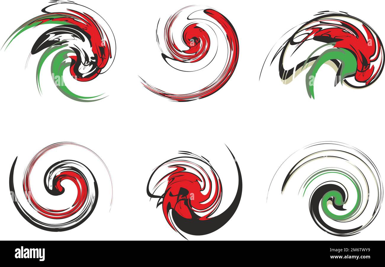 Swirl shapes in red-black-green tones isolated on white. Spiral