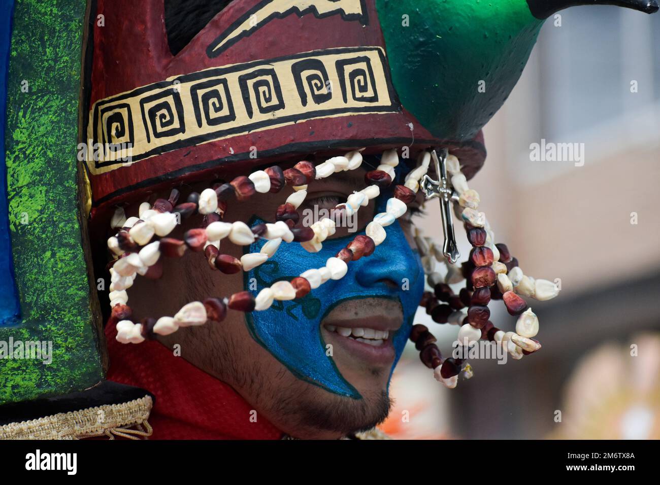 Pasto, Nariño, January 3, 2023. Artists and performers dance during the traditional 'Carnaval de Negros y Blancos' in Pasto, Nariño, January 3, 2023. This UNESCO-recognized carnival takes place every January in the Southern Andean city of Pasto. The ''Carnaval de Negros y Blancos'' has its origins in a mix of Amazonian, Andean and Pacific cultural expressions though art, dances, music and cultural parties. Photo by: Camilo Erasso/Long Visual Press Stock Photo