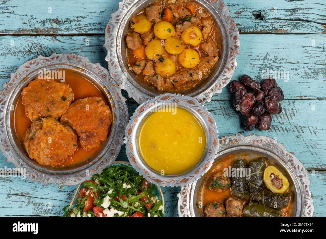 Eid Mubarak Traditional Ramadan Iftar dinner. Assorted tasty food in ...