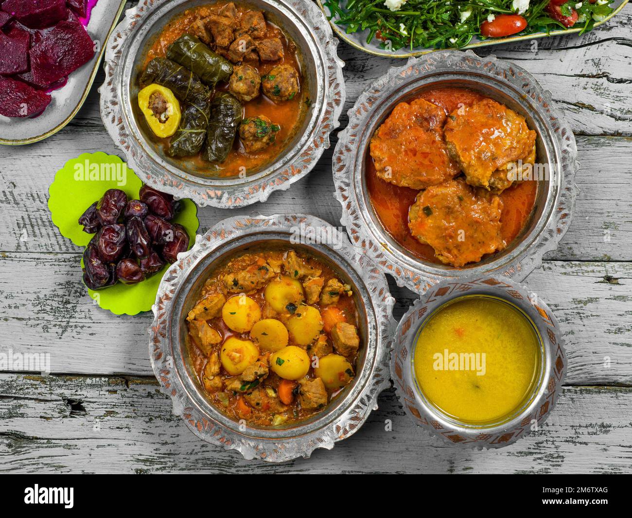 Eid Mubarak Traditional Ramadan Iftar dinner. Assorted tasty food in ...