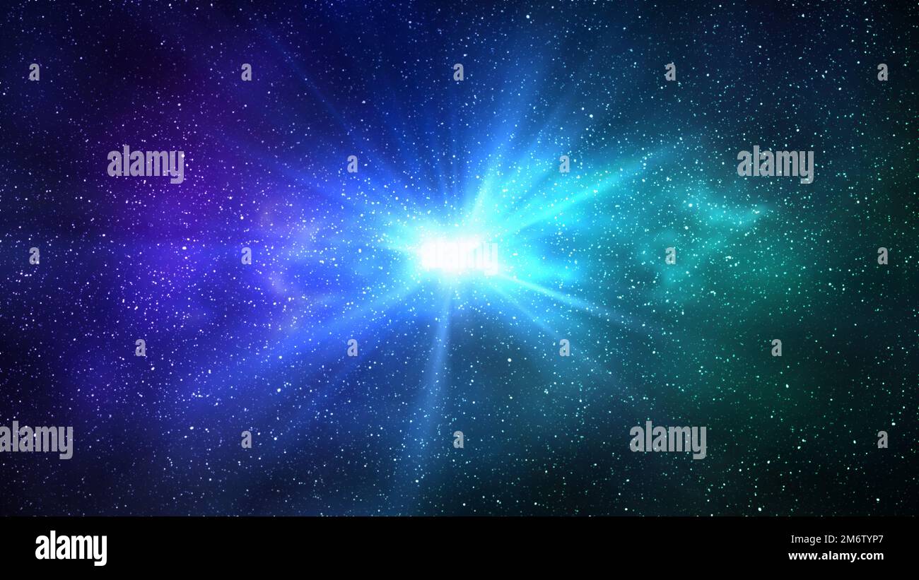 Burst of light in space. Night starry sky and bright blue green galaxy, horizontal background Stock Photo