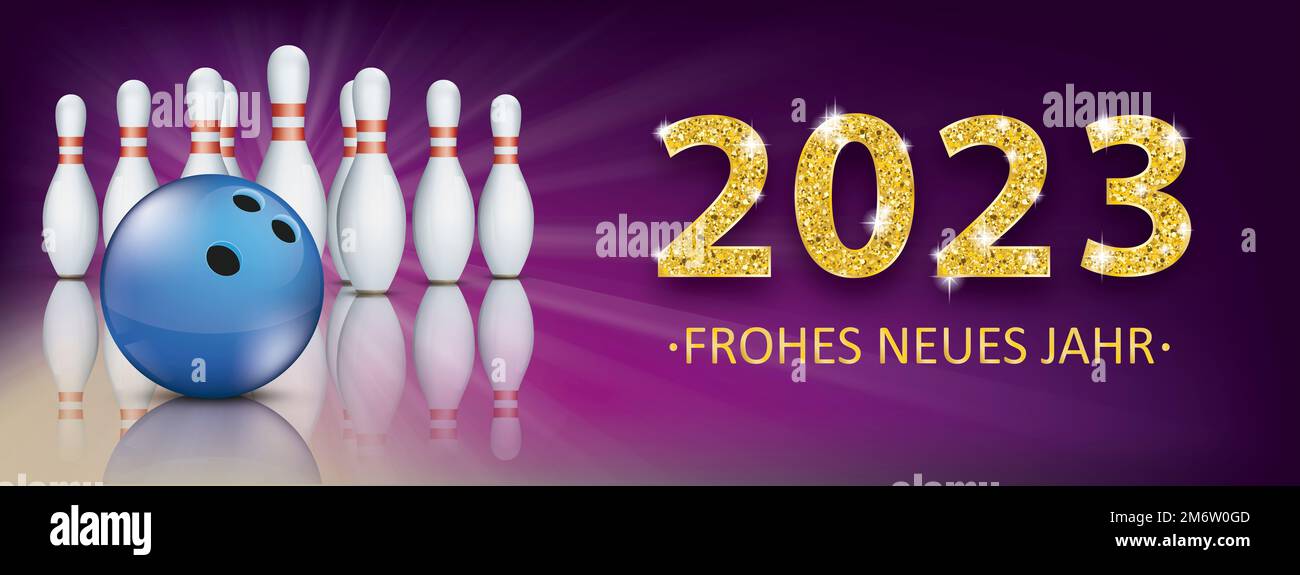 2023 Neues Jahr Golden Bowling Pin Deck Banner Ball Stock Photo