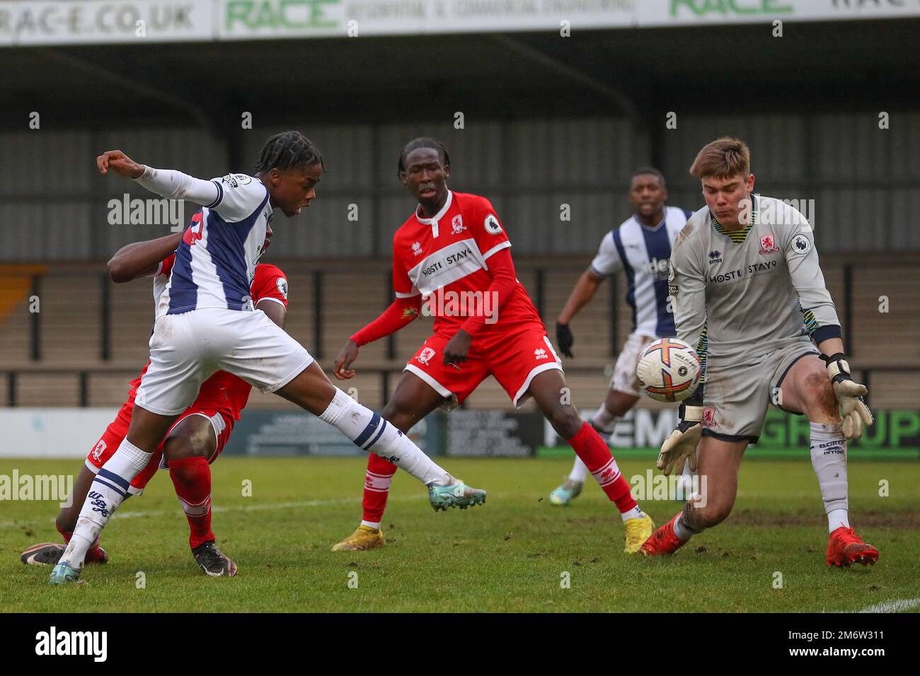 Hednesford, UK. 05th Jan, 2023. Akeel Higgins of West Bromwich Albion has a shot at goal during the Premier League Cup match West Bromwich Albion vs Middlesbrough U23's at Keys Park, Hednesford, United Kingdom, 5th January 2023 (Photo by Gareth Evans/News Images) Credit: News Images LTD/Alamy Live News Stock Photo