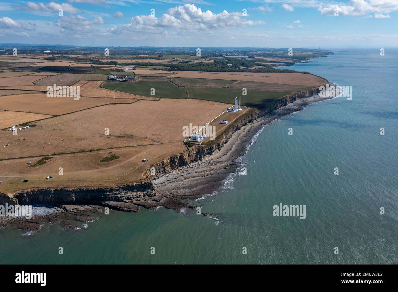 Aerial view of the Nash Point Lighthouse and Monknash Coast in South Wales Stock Photo
