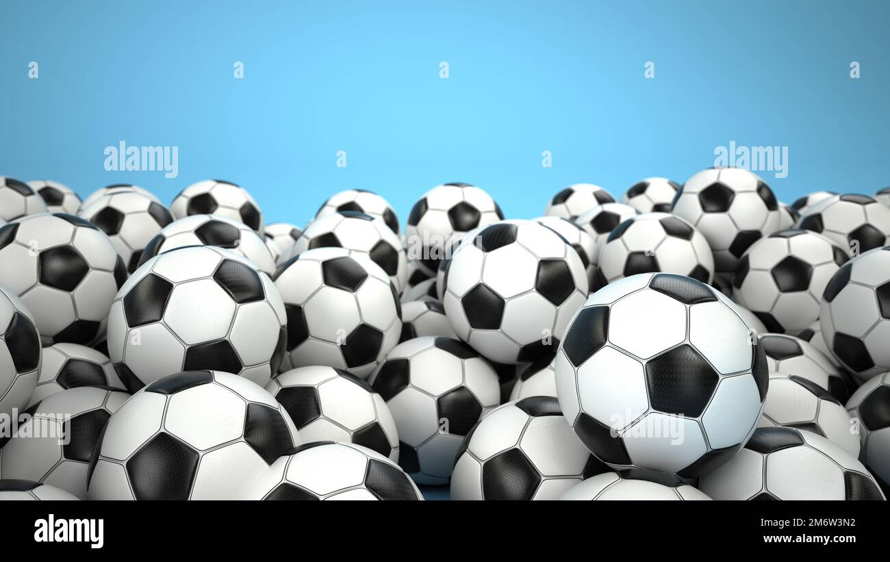 Classic footballs on the blue background. 3d illustration. Stock Photo