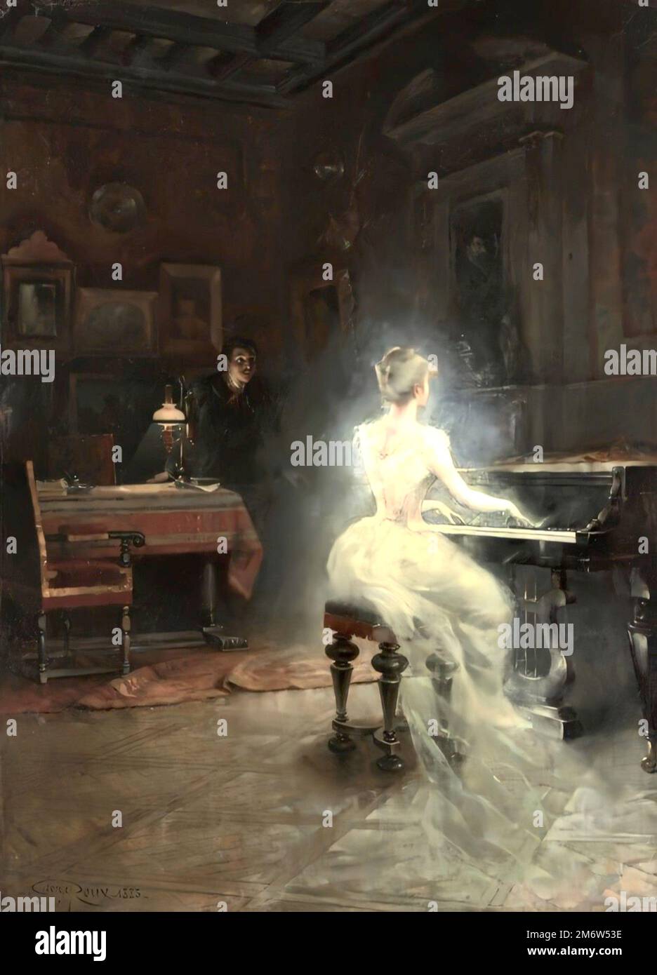 George Roux - Spirit - 1885 - Piano playing ghost startles a man working at his desk. Stock Photo