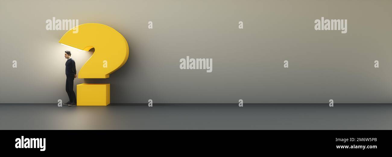 Man with huge yellow question mark light background Stock Photo - Alamy