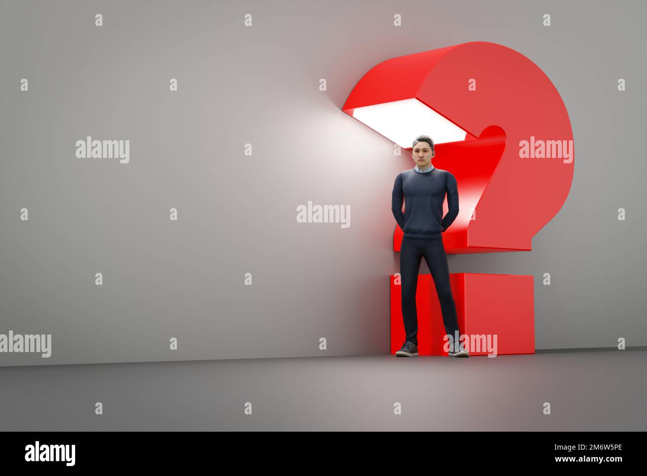Man with huge red question mark light background Stock Photo