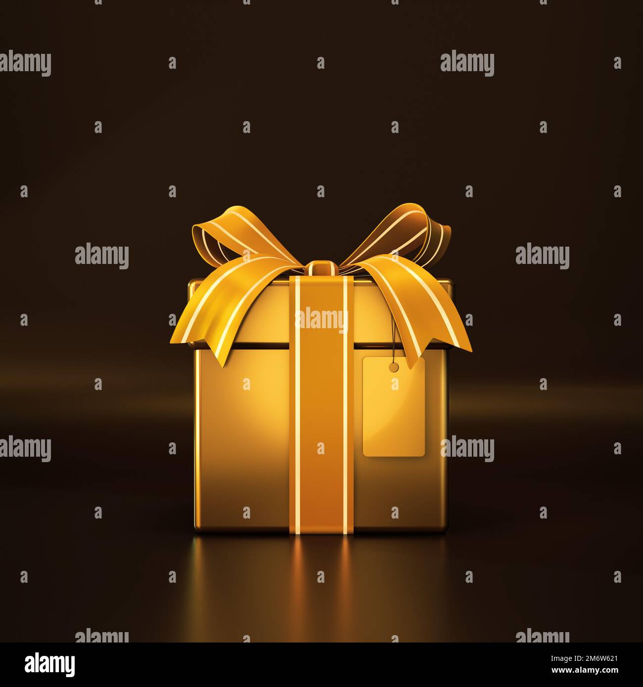 Golden gift box with price tag Stock Photo