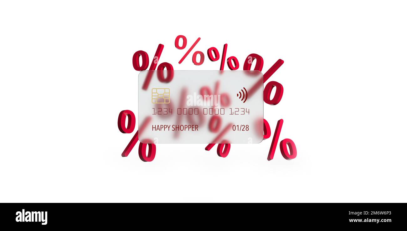 Credit card earning percentage points. Blank plastic cash 3D render illustration. Front view mockup template design on white background, copy space. Stock Photo