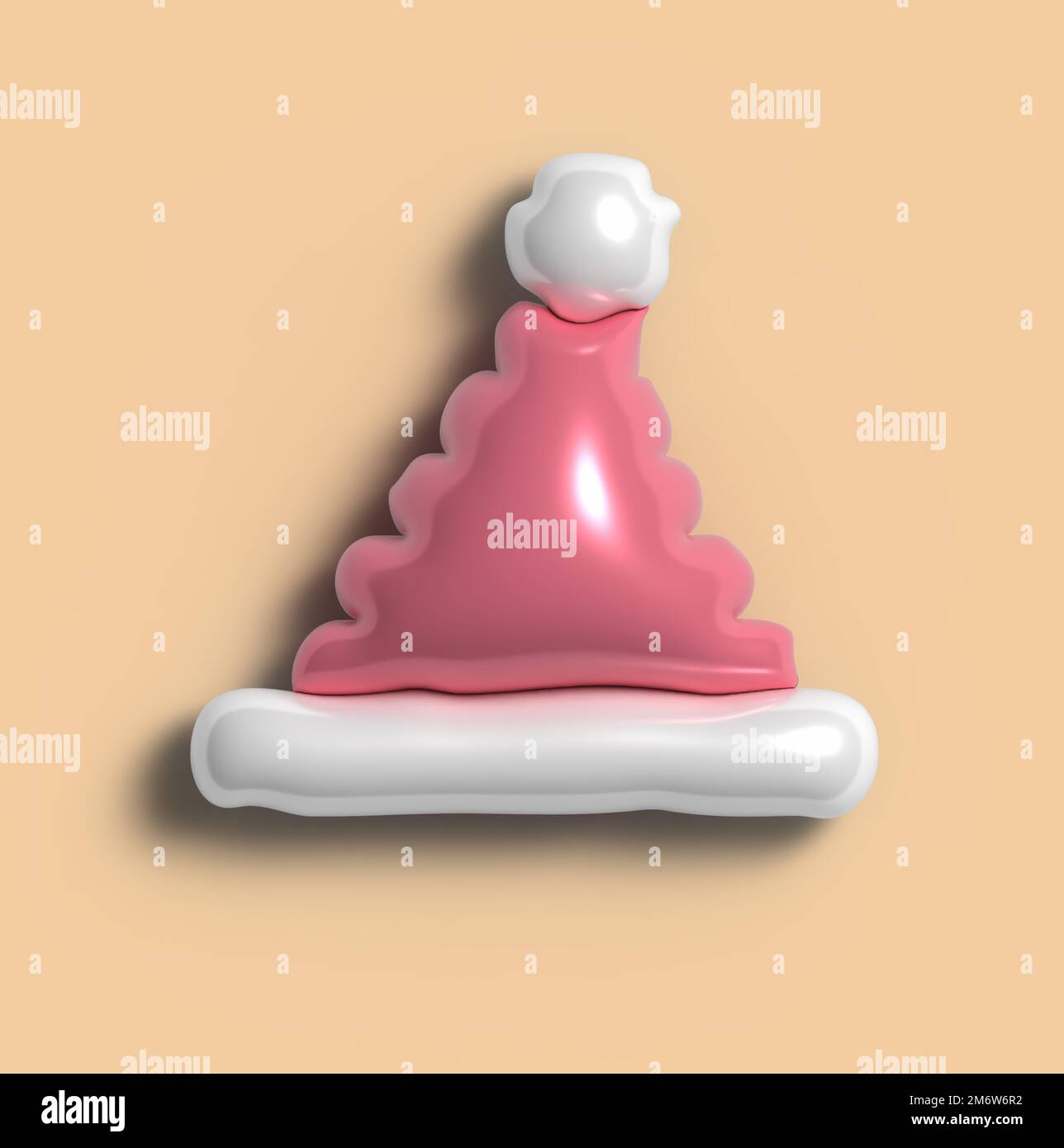 Red santa hat with white balabons on a beige background, 3D illustration. Stock Photo