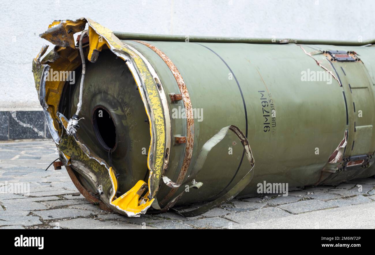 Parts of a tactical ballistic missile, OTR-21. Destroyed Russian ...