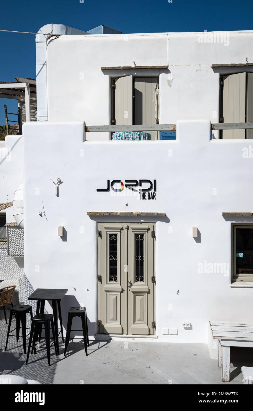 Photo of the exterior of Jordi, a gay bar located in the charming port of Naousa on the Greek Island of Paros. Stock Photo