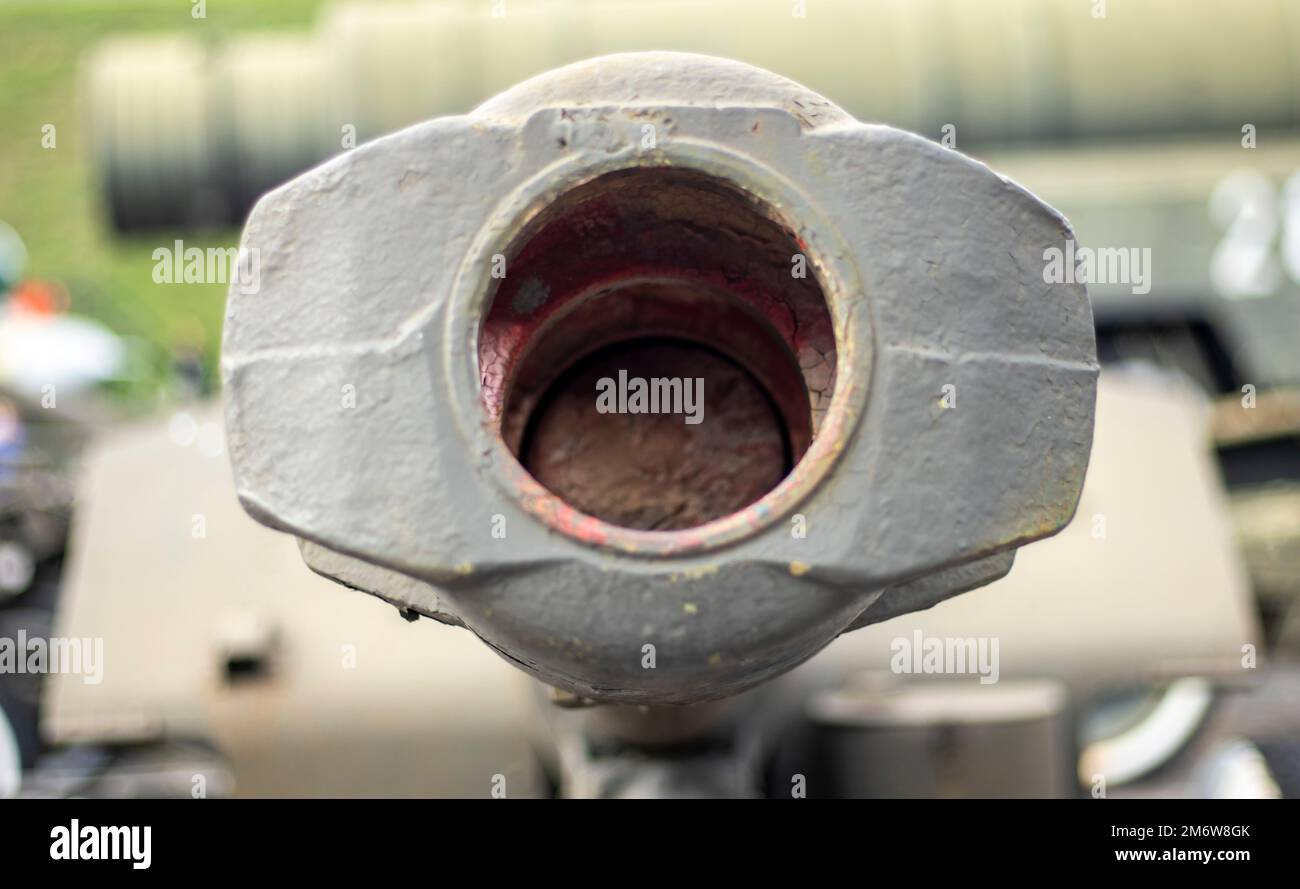 Tank gun or barrel. Muzzle or flash hider close-up. Stock Photo