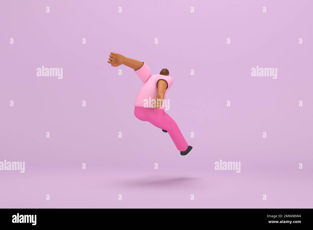 The black man with pink clothes.  He is jumping. 3d rendering of cartoon character in acting. Stock Photo
