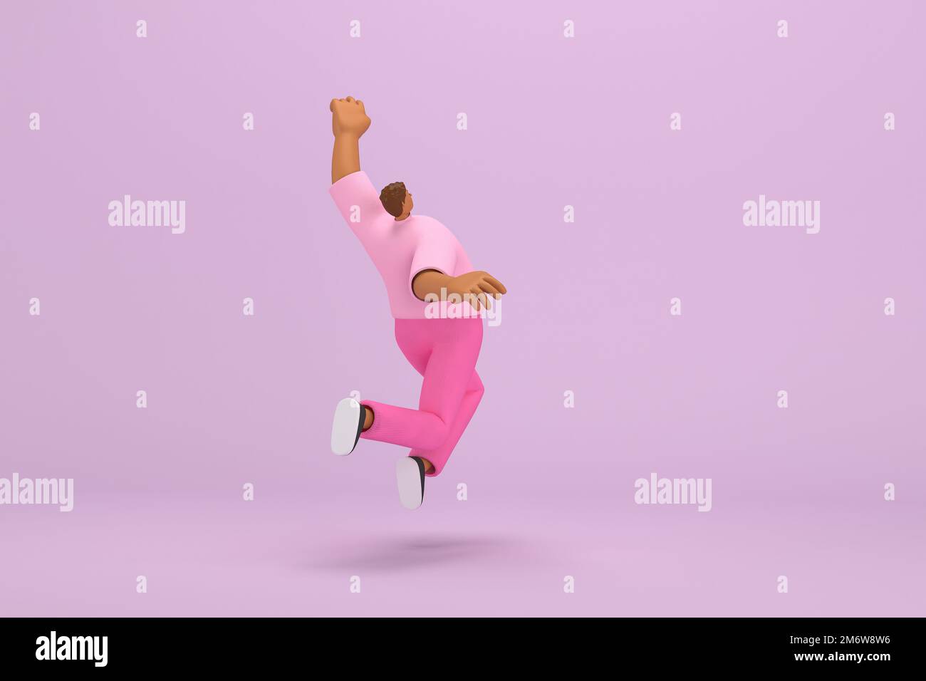 The black man with pink clothes.  He is jumping. 3d rendering of cartoon character in acting. Stock Photo