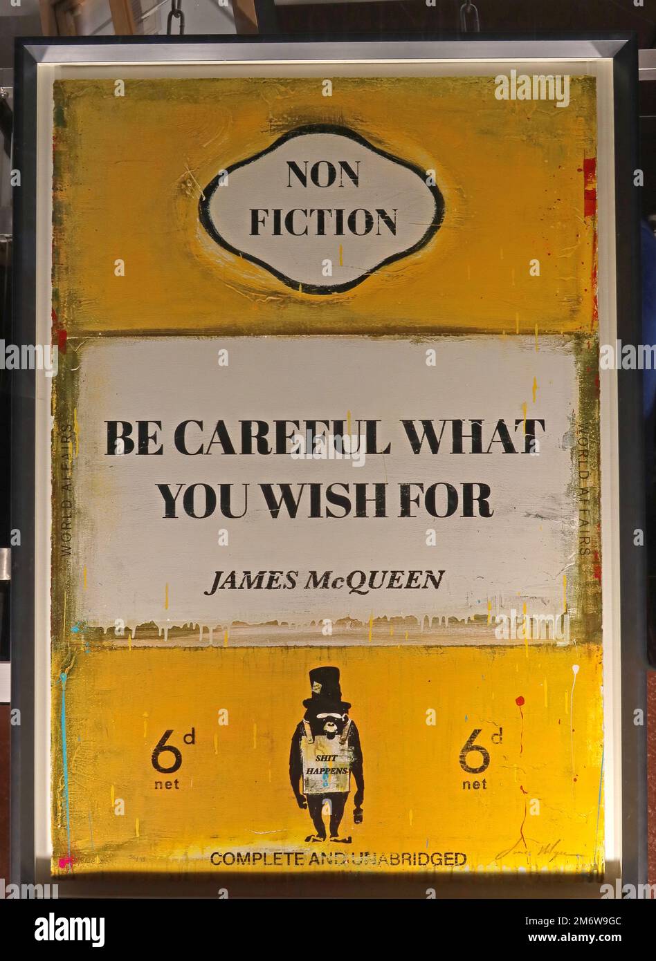 Framed James McQueen yellow book cover, Be Careful What You Wish For, 6d, Penguin, Non-Fiction Stock Photo