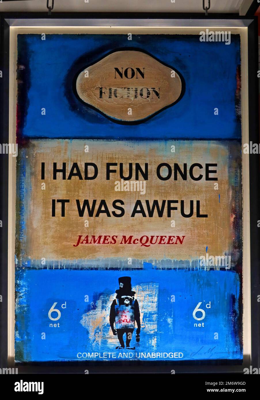 Framed James McQueen blue book cover, I had fun once it was awful, 6d, Penguin, Non-Fiction Stock Photo