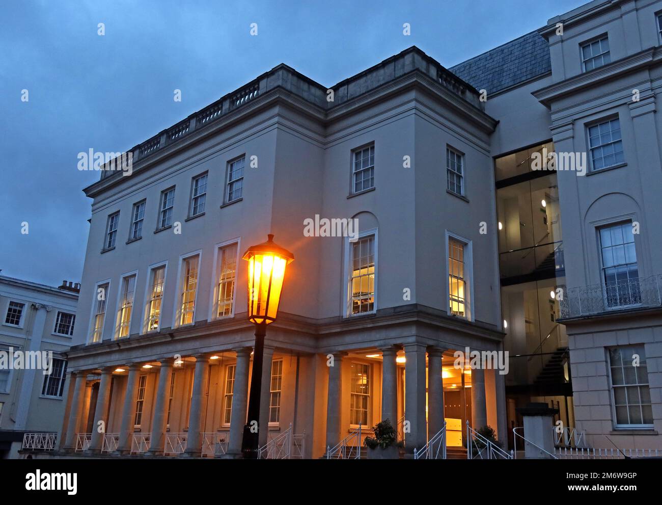 Promenade Regency Spa architecture at dusk, Cheltenham town, Gloucestershire, England, UK, GL50 1NW Stock Photo