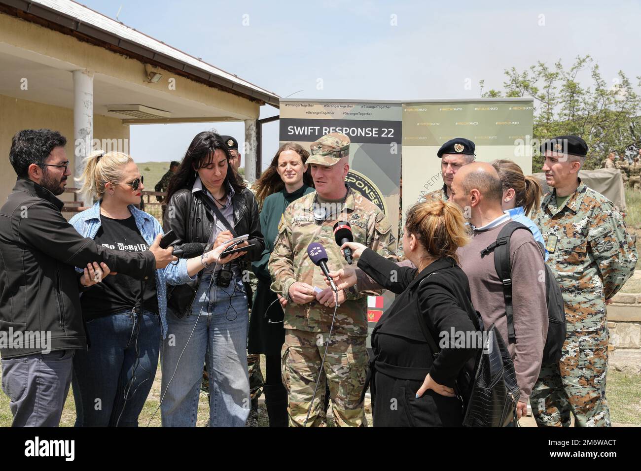 Brig. Gen. Joseph E. Hilbert, the commanding general of the 7th Army Training Command addresses various media outlets for a media briefing during Exercise Swift Response on May 6, 2022, at Krivolak Training Area, North Macedonia. The purpose of this exercise is to present combat credible Army forces in Europe and Africa, and enhance readiness by building airborne interoperability with Allies and Partners and the integration of joint service partnership. Stock Photo