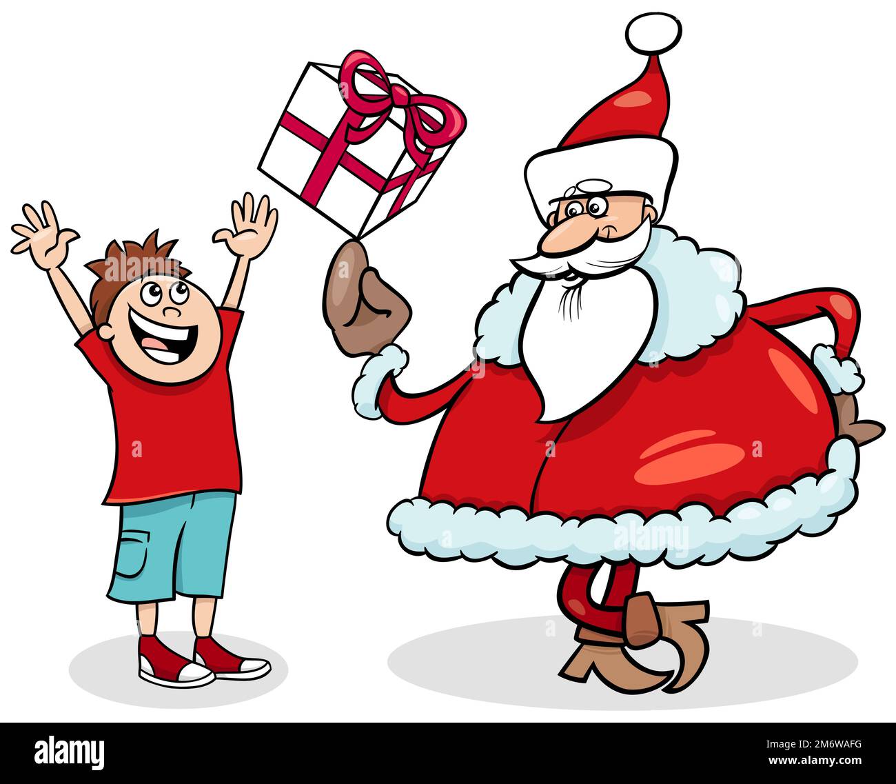 Cartoon Santa Claus giving Christmas present to little boy Stock Photo ...