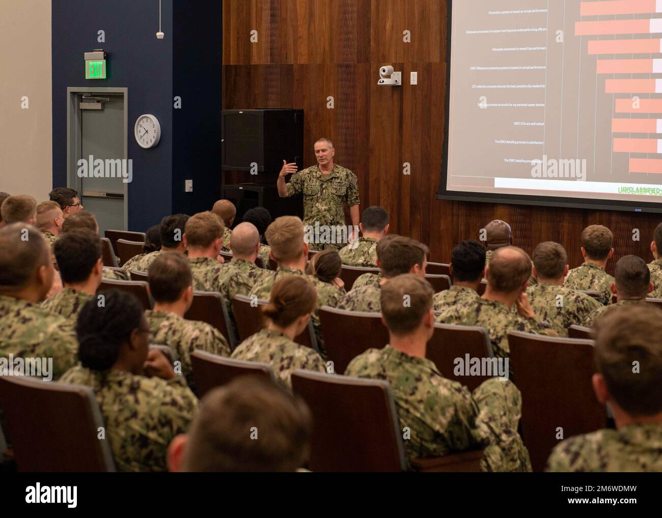 SAN DIEGO (May 6, 2022) – Vice Adm. Roy Kitchener, Commander, Naval Surface Force, U.S. Pacific Fleet, speaks with junior officers at the Mariner Skills Training Center, Pacific (MSTCPAC). Kitchener discussed the results of the Surface Warfare Officer junior officer survey that gathered opinions on retention, perspectives on the Warfare Tactics Instructor program, leadership development and warfighting readiness from more than 2,500 officers O1 to O4. Stock Photo