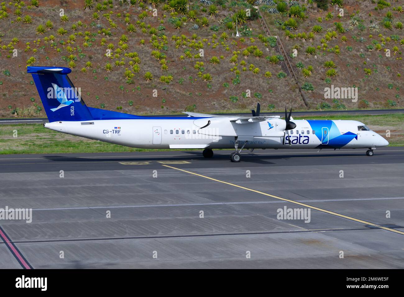 Azores Airlines De Havilland Dash 8 Q400 series aircraf taxiingt. Airplane DHC-8 of Açores Airlines, previously know as SATA Air Acores. Stock Photo