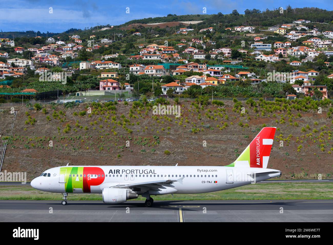 TAP Air Portugal Airbus A320 aircraft taxiing at Funchal Airport in Madeira Island. Airplane A320 of portuguese airline TAP Portugal. Stock Photo