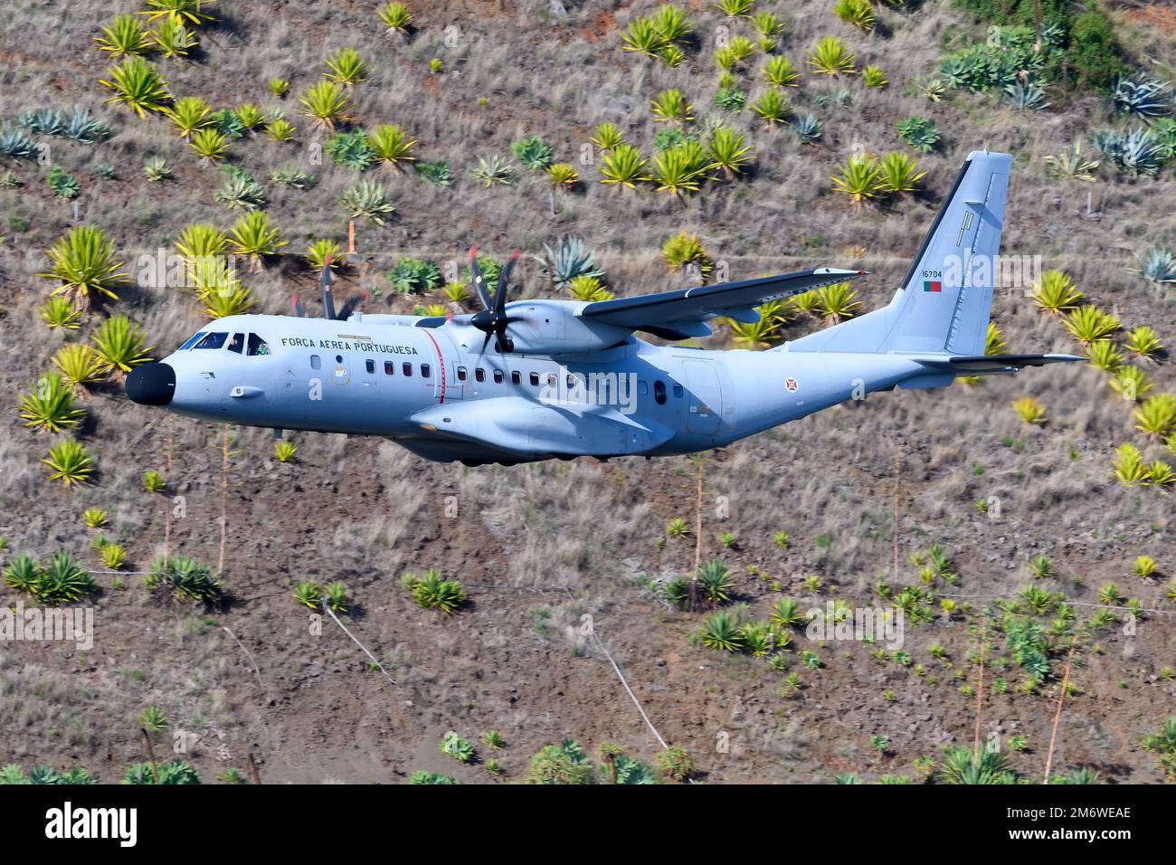 Portuguese Air Force Casa C-295 aircraft taking off. Plane EADS CASA C295 of Portuguse Air Force registered as 16704. Airbus C295 airplane departure. Stock Photo
